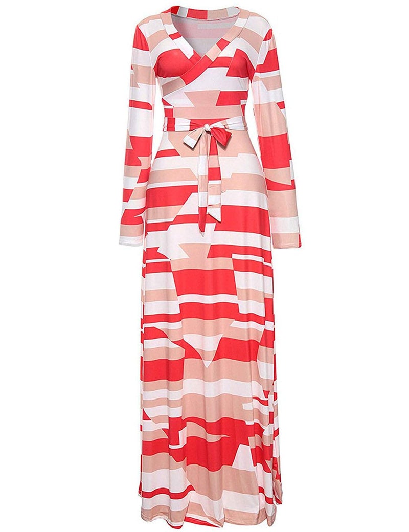 Locryz Women's V Neck 3/4 Sleeve Digital Floral Printed Party Loose Long Maxi Dress with Belt S-3XL (XXXL, Orange Red) - Image 4